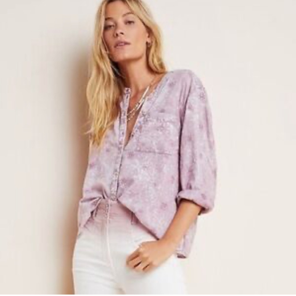 Anthropologie x Pilcro Pink Knotch Embroidered Button down blouse women size M